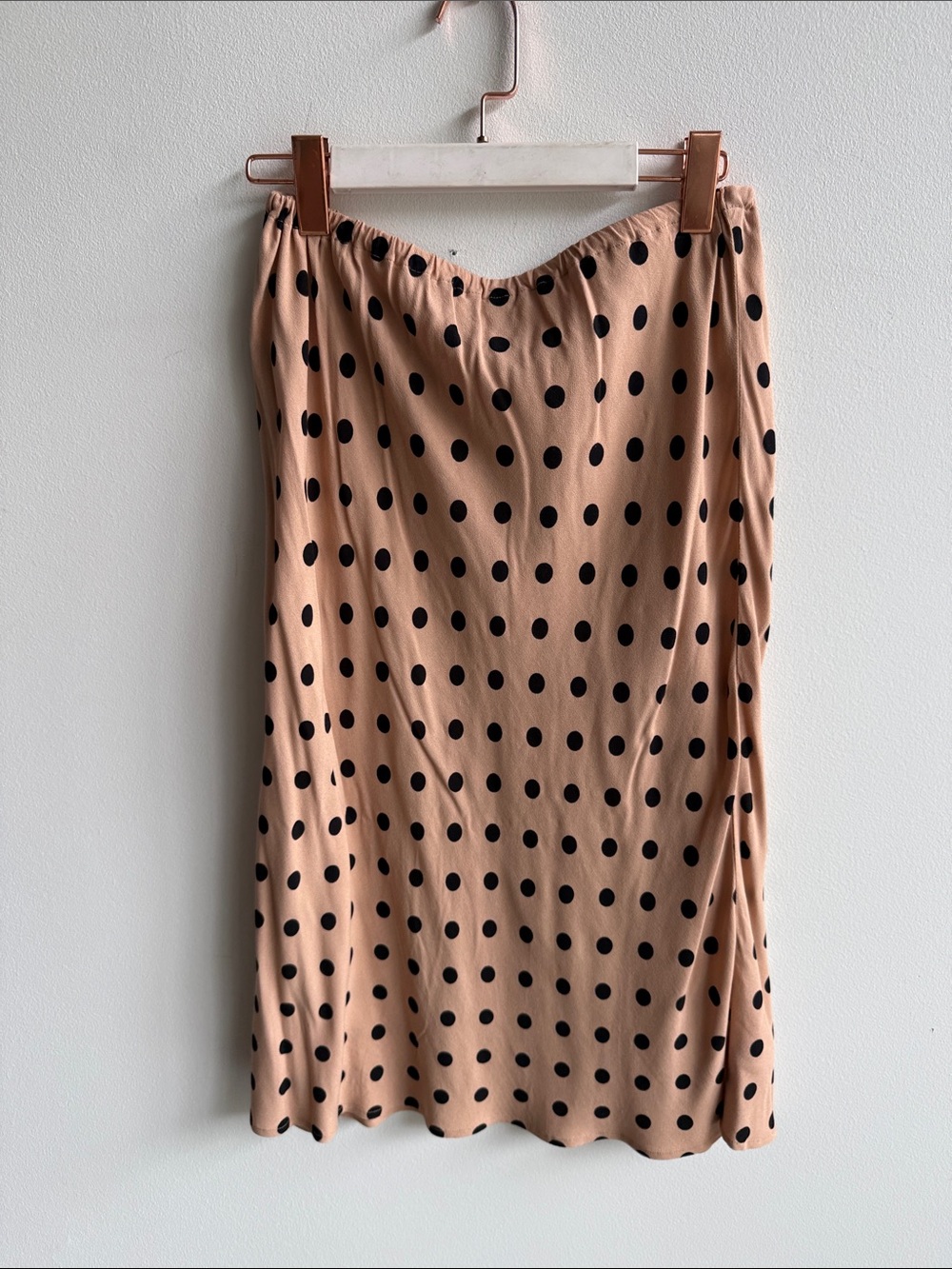 Reformation Blush Midi Skirt with Black Polka Dots